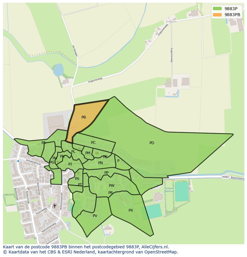 Afbeelding van het postcodegebied 9883 PB op de kaart.