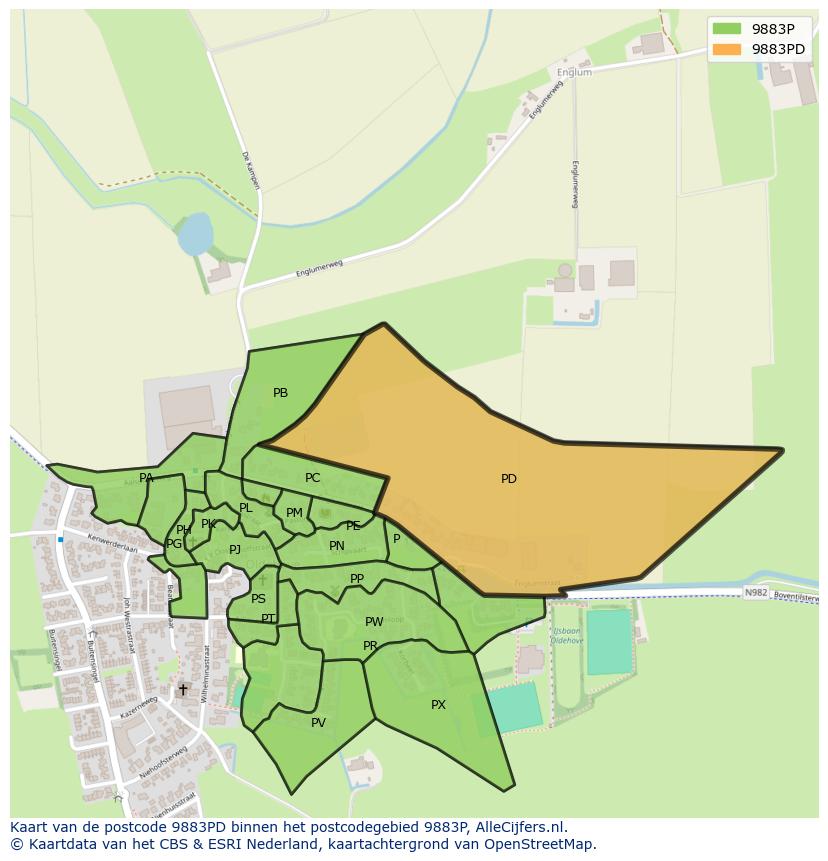 Afbeelding van het postcodegebied 9883 PD op de kaart.