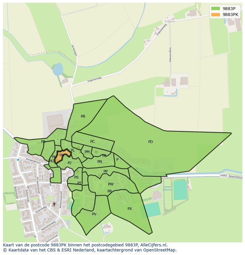 Afbeelding van het postcodegebied 9883 PK op de kaart.