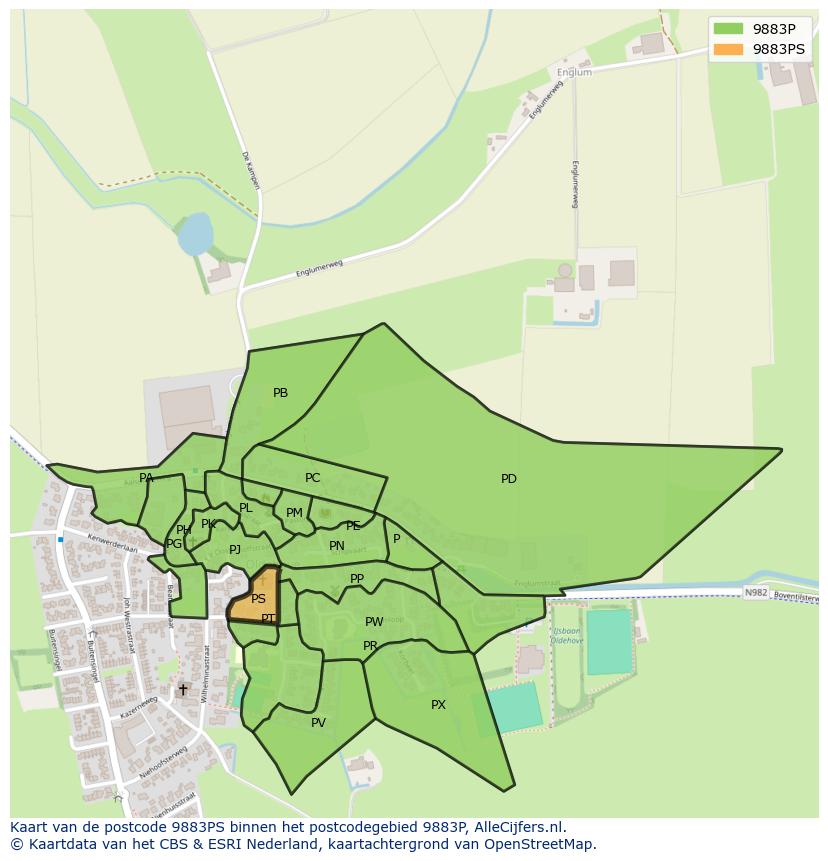 Afbeelding van het postcodegebied 9883 PS op de kaart.