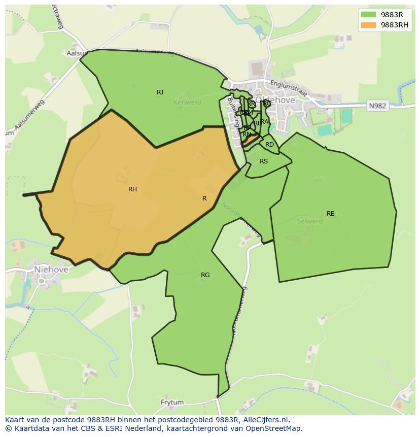 Afbeelding van het postcodegebied 9883 RH op de kaart.