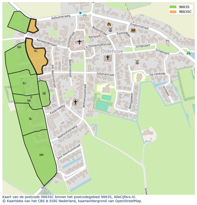 Afbeelding van het postcodegebied 9883 SC op de kaart.