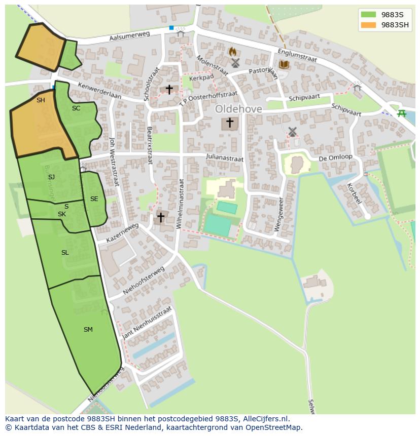 Afbeelding van het postcodegebied 9883 SH op de kaart.
