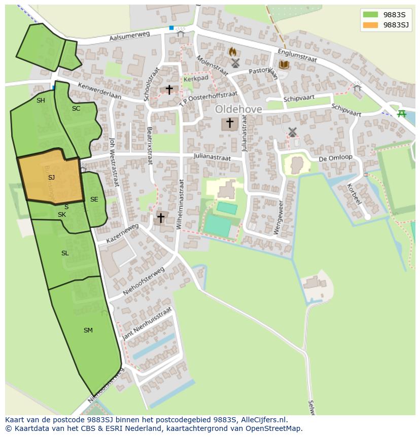 Afbeelding van het postcodegebied 9883 SJ op de kaart.
