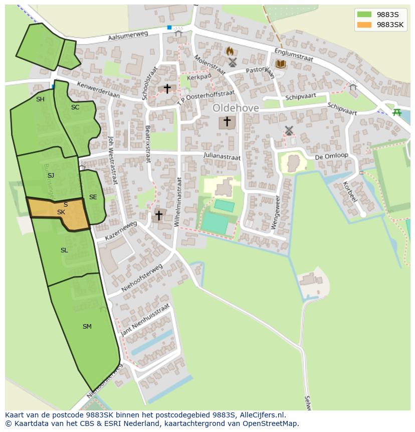 Afbeelding van het postcodegebied 9883 SK op de kaart.