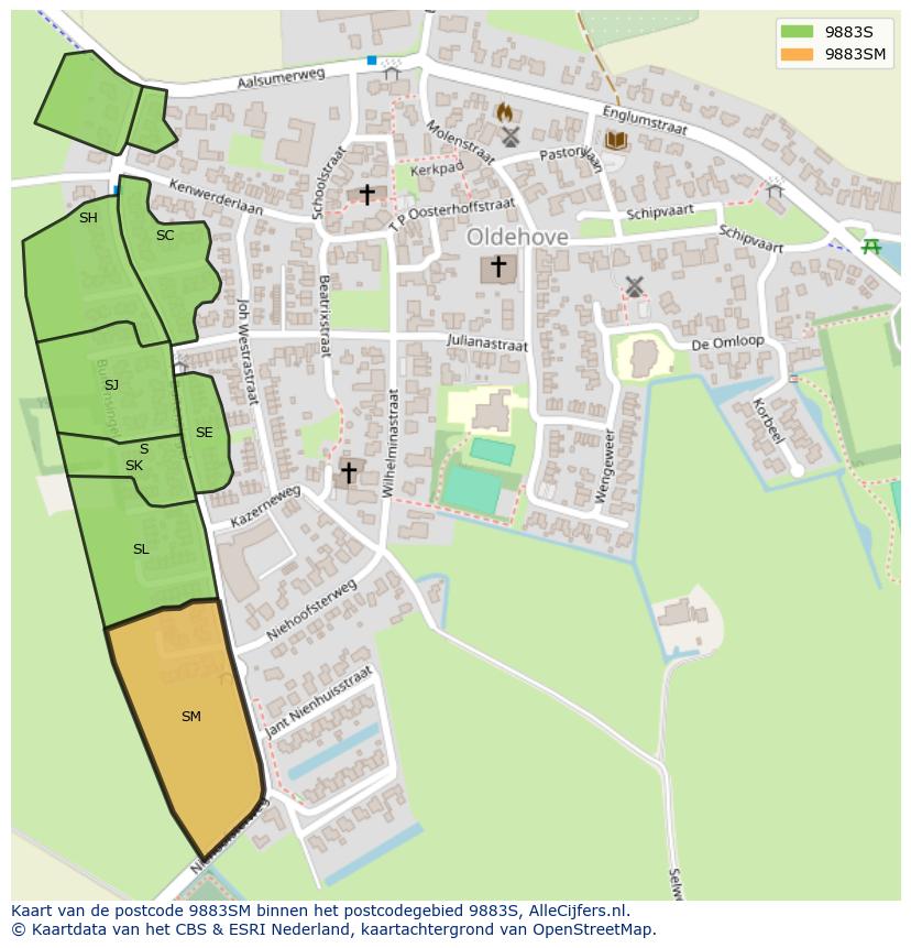 Afbeelding van het postcodegebied 9883 SM op de kaart.