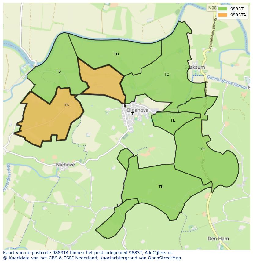 Afbeelding van het postcodegebied 9883 TA op de kaart.