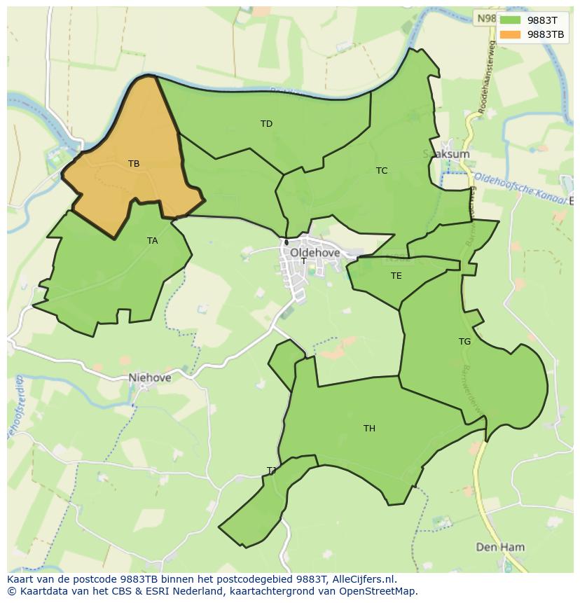 Afbeelding van het postcodegebied 9883 TB op de kaart.