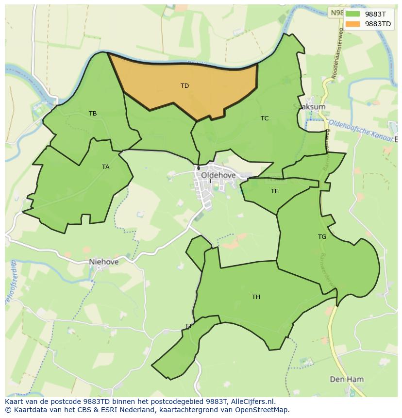Afbeelding van het postcodegebied 9883 TD op de kaart.