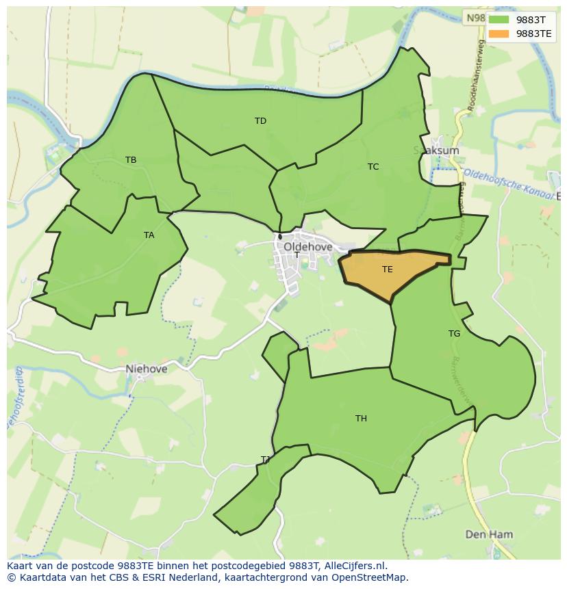 Afbeelding van het postcodegebied 9883 TE op de kaart.