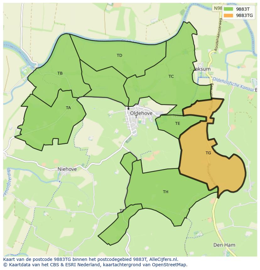 Afbeelding van het postcodegebied 9883 TG op de kaart.