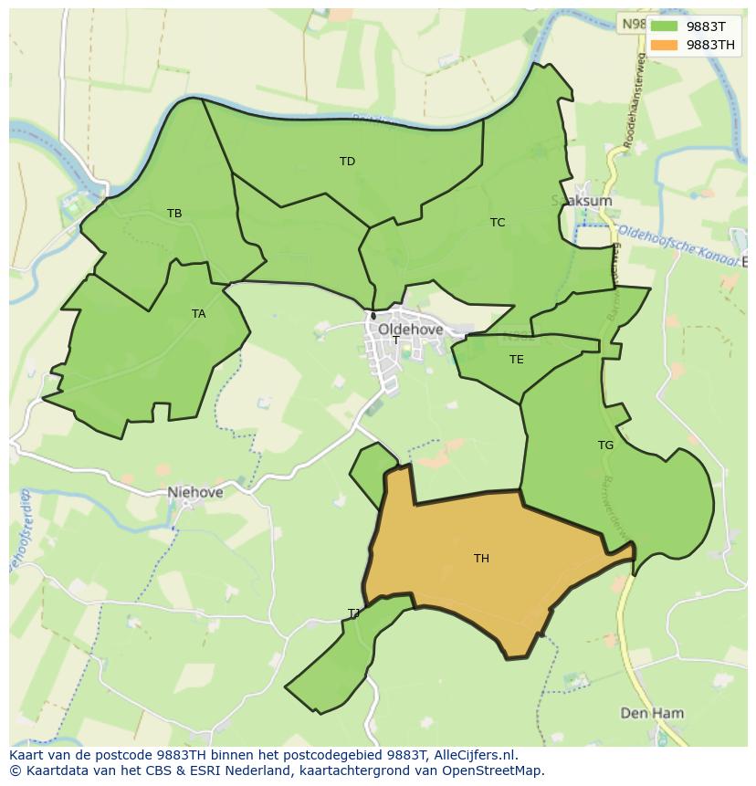 Afbeelding van het postcodegebied 9883 TH op de kaart.