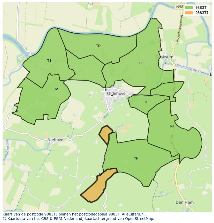 Afbeelding van het postcodegebied 9883 TJ op de kaart.