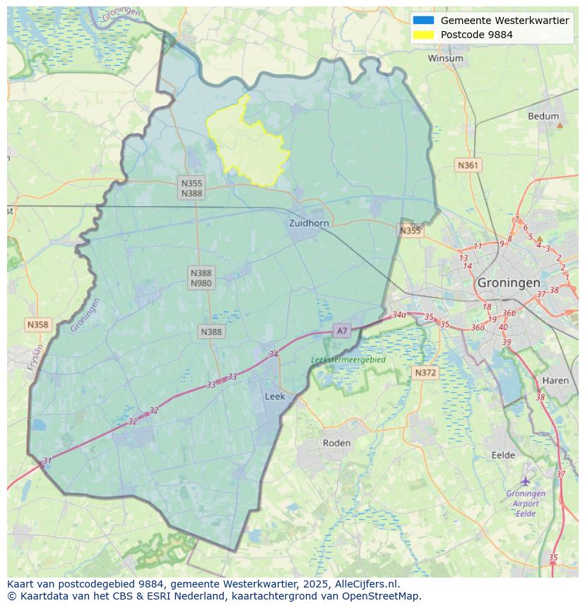 Afbeelding van het postcodegebied 9884 op de kaart.