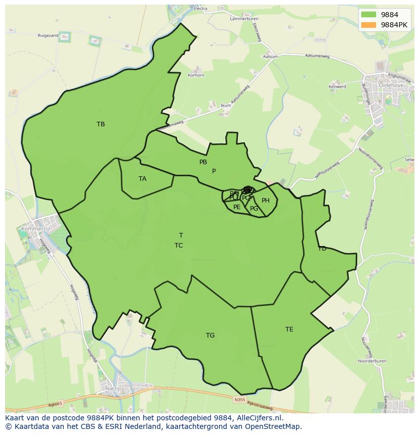Afbeelding van het postcodegebied 9884 PK op de kaart.