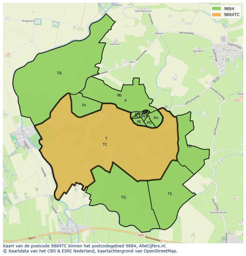 Afbeelding van het postcodegebied 9884 TC op de kaart.