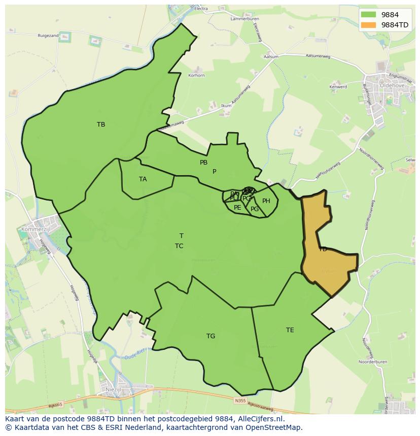 Afbeelding van het postcodegebied 9884 TD op de kaart.