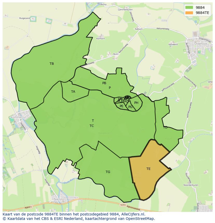 Afbeelding van het postcodegebied 9884 TE op de kaart.