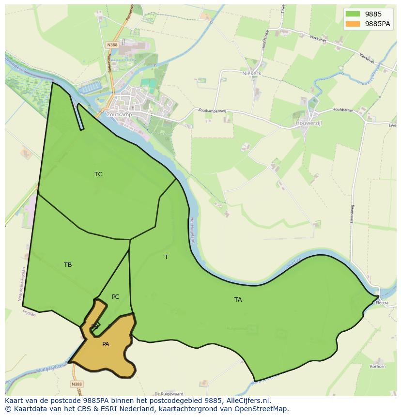 Afbeelding van het postcodegebied 9885 PA op de kaart.