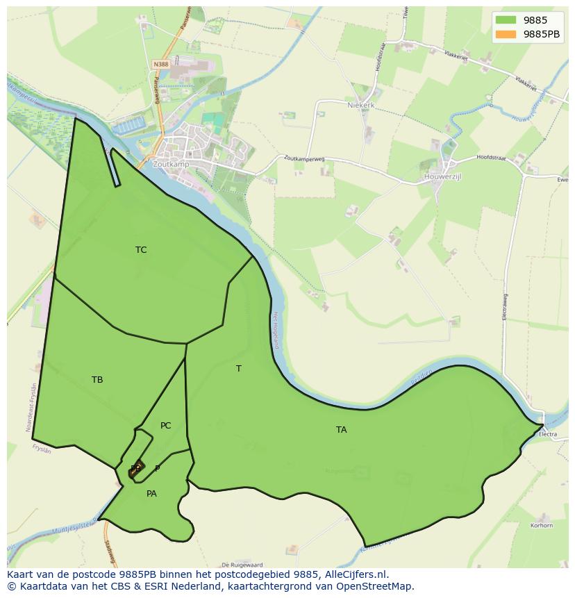 Afbeelding van het postcodegebied 9885 PB op de kaart.