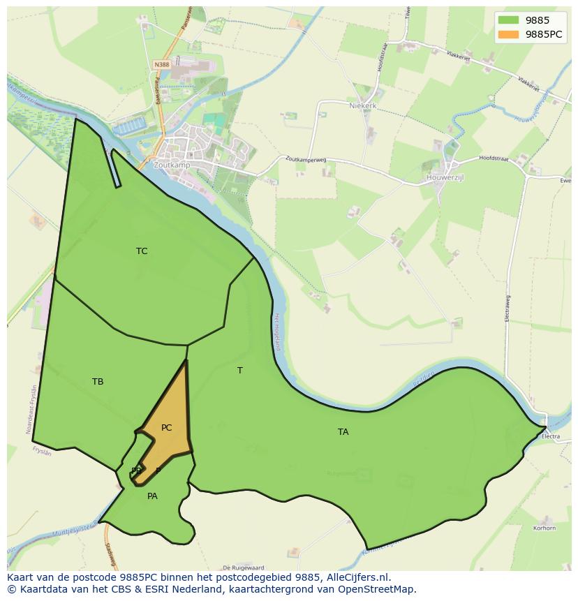 Afbeelding van het postcodegebied 9885 PC op de kaart.
