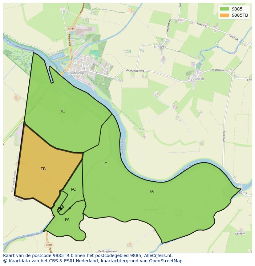 Afbeelding van het postcodegebied 9885 TB op de kaart.
