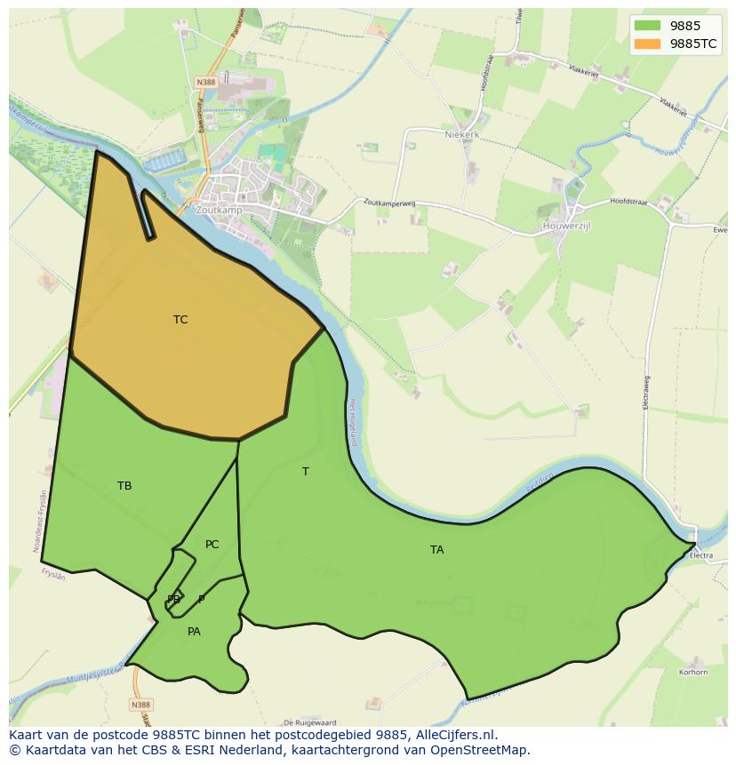 Afbeelding van het postcodegebied 9885 TC op de kaart.