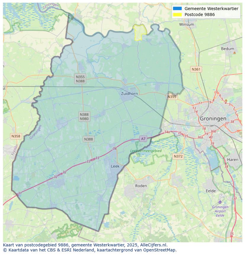 Afbeelding van het postcodegebied 9886 op de kaart.