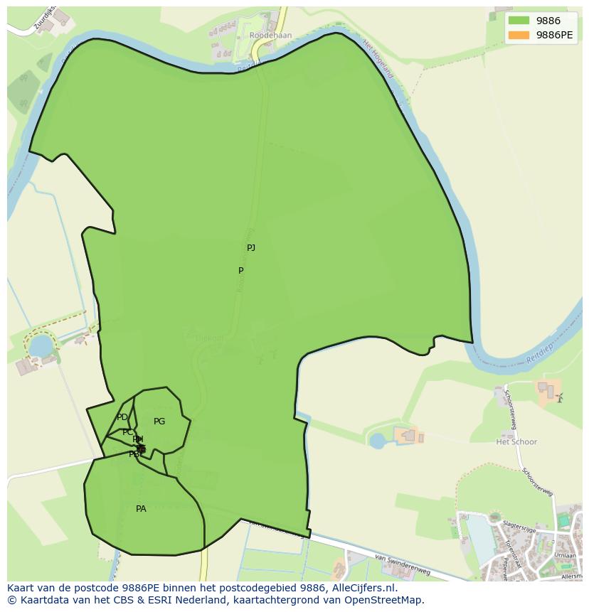 Afbeelding van het postcodegebied 9886 PE op de kaart.