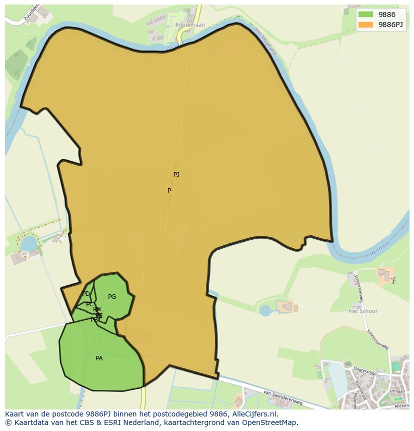 Afbeelding van het postcodegebied 9886 PJ op de kaart.