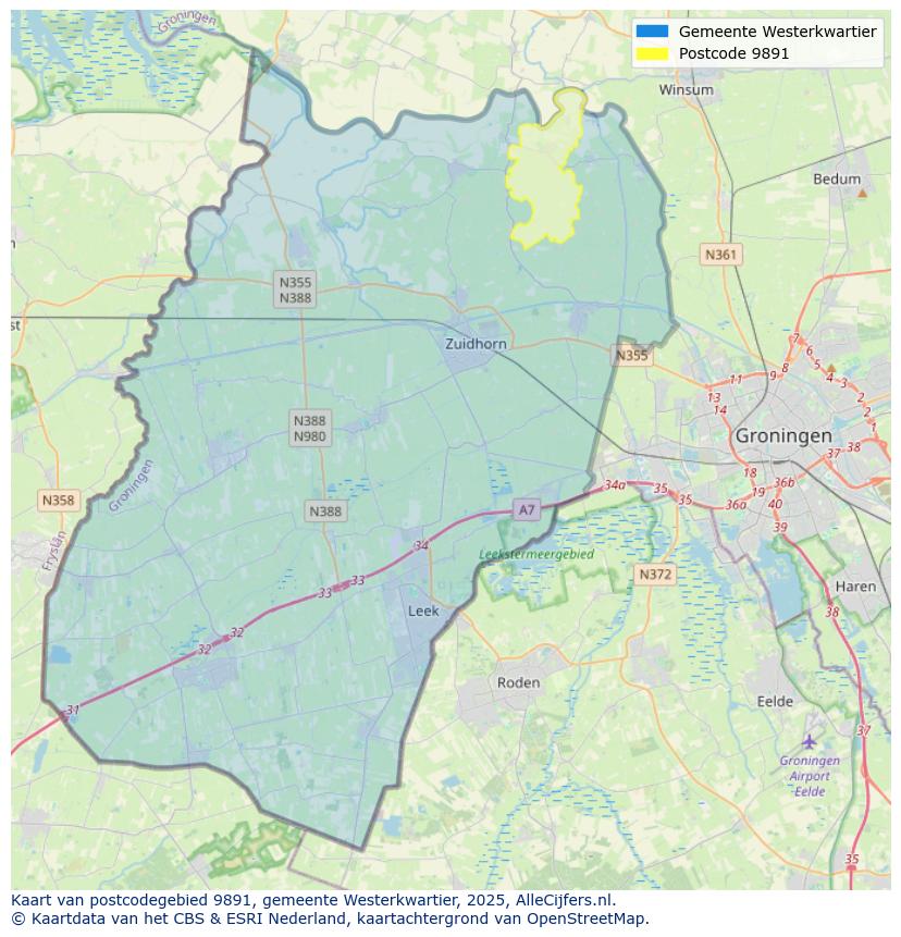 Afbeelding van het postcodegebied 9891 op de kaart.