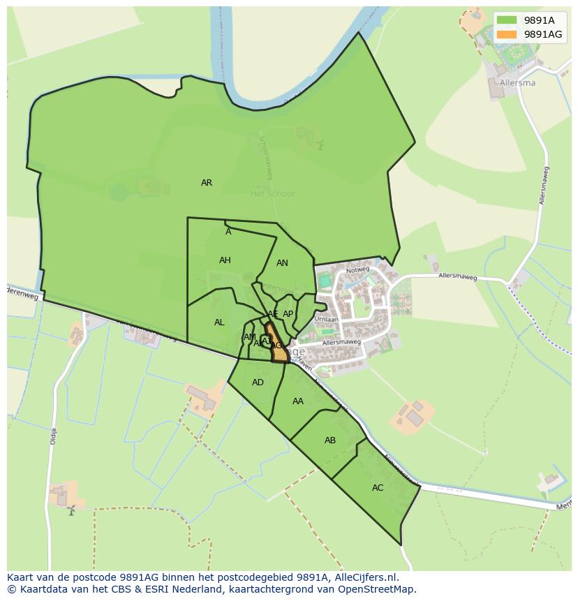 Afbeelding van het postcodegebied 9891 AG op de kaart.