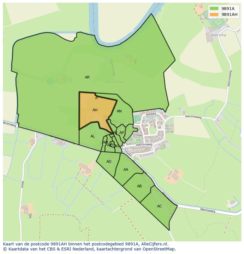 Afbeelding van het postcodegebied 9891 AH op de kaart.