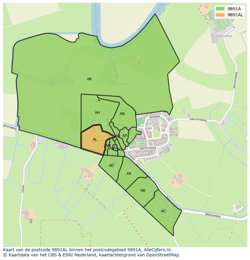 Afbeelding van het postcodegebied 9891 AL op de kaart.