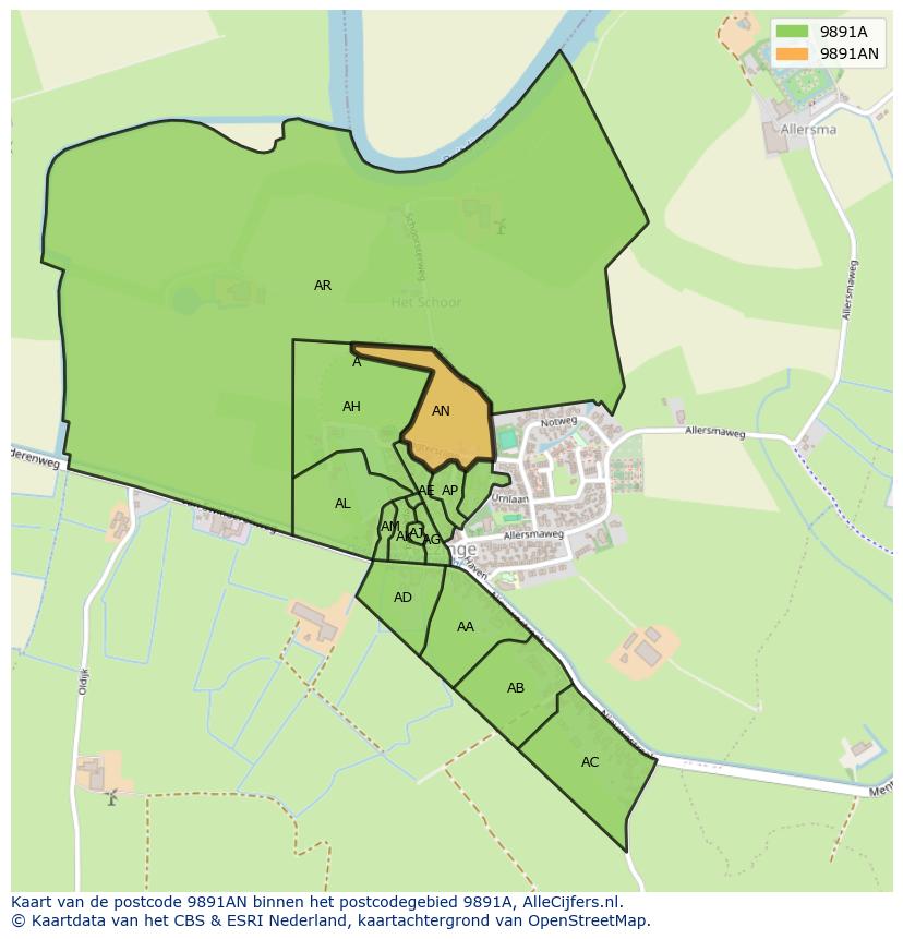 Afbeelding van het postcodegebied 9891 AN op de kaart.