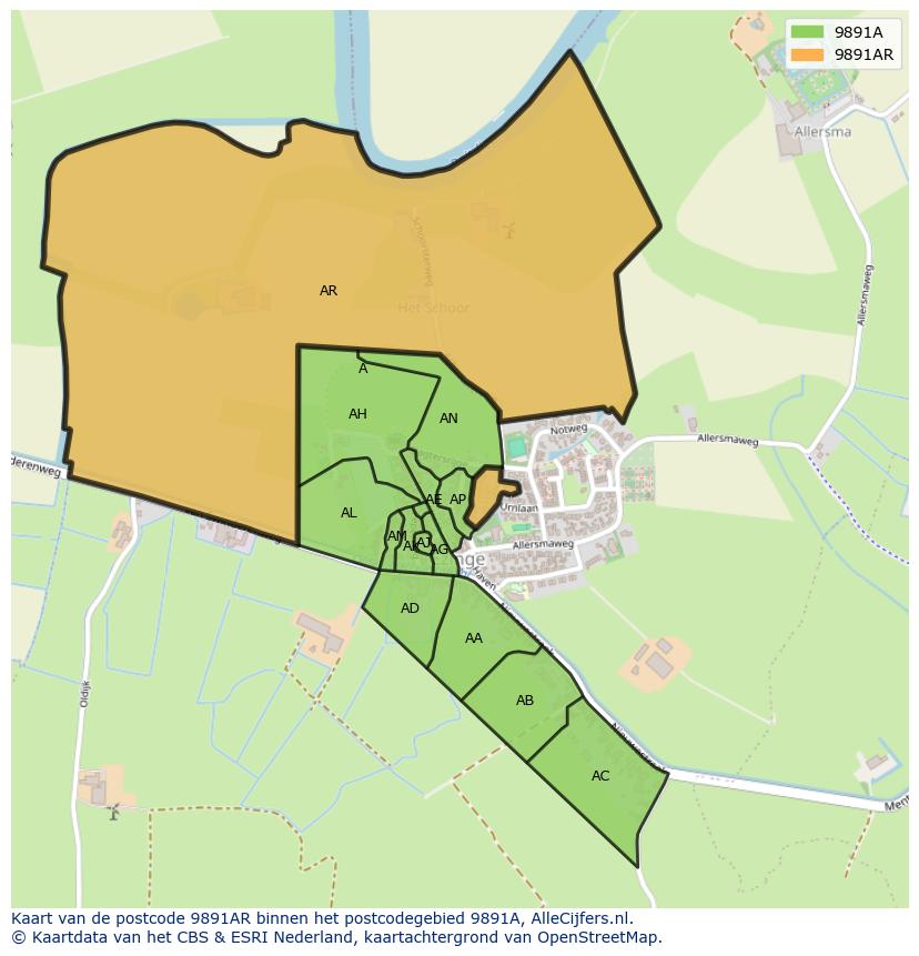 Afbeelding van het postcodegebied 9891 AR op de kaart.