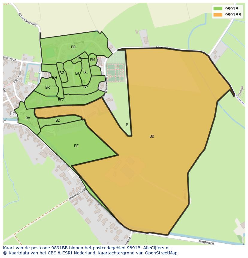 Afbeelding van het postcodegebied 9891 BB op de kaart.