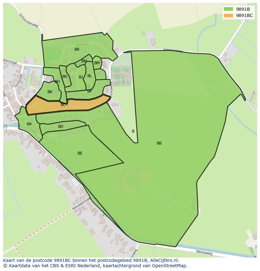 Afbeelding van het postcodegebied 9891 BC op de kaart.