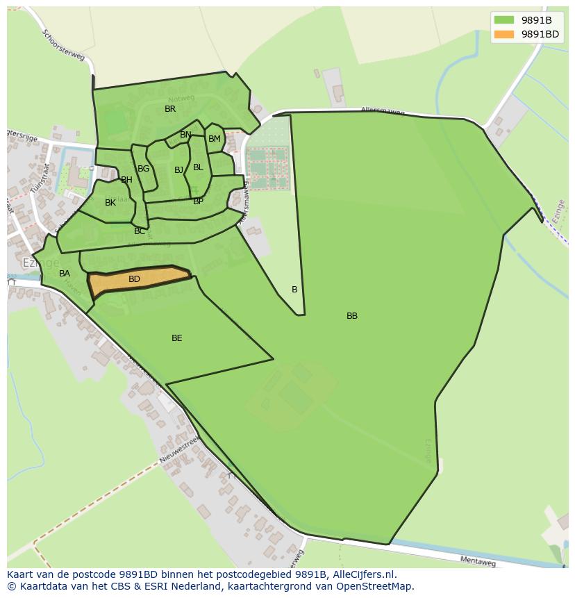 Afbeelding van het postcodegebied 9891 BD op de kaart.