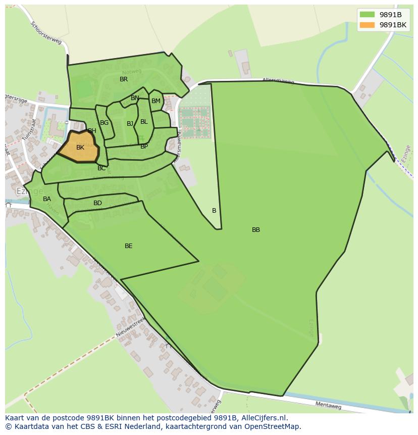 Afbeelding van het postcodegebied 9891 BK op de kaart.