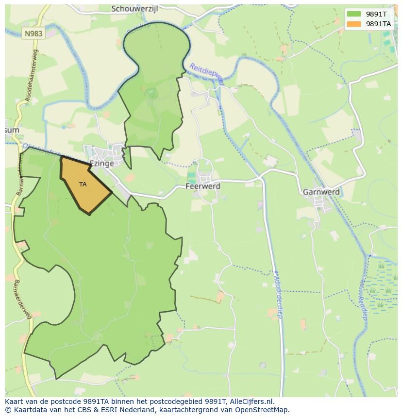 Afbeelding van het postcodegebied 9891 TA op de kaart.