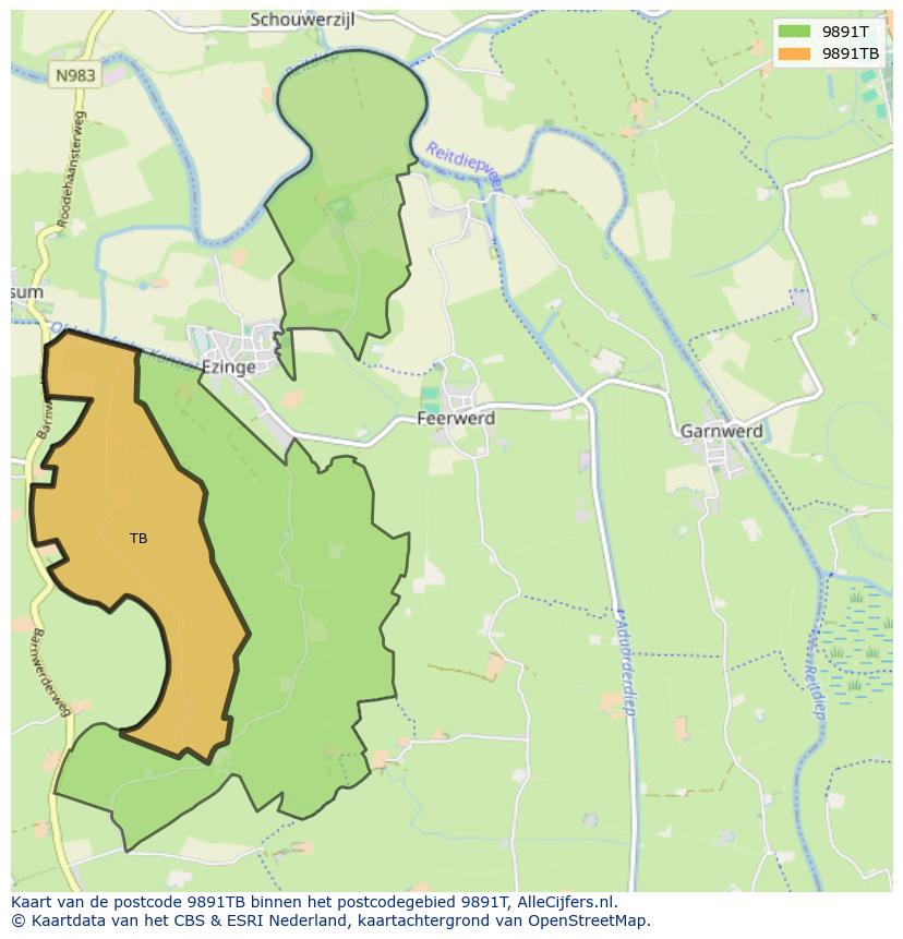 Afbeelding van het postcodegebied 9891 TB op de kaart.