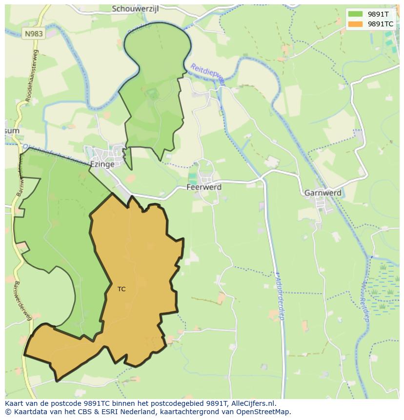 Afbeelding van het postcodegebied 9891 TC op de kaart.