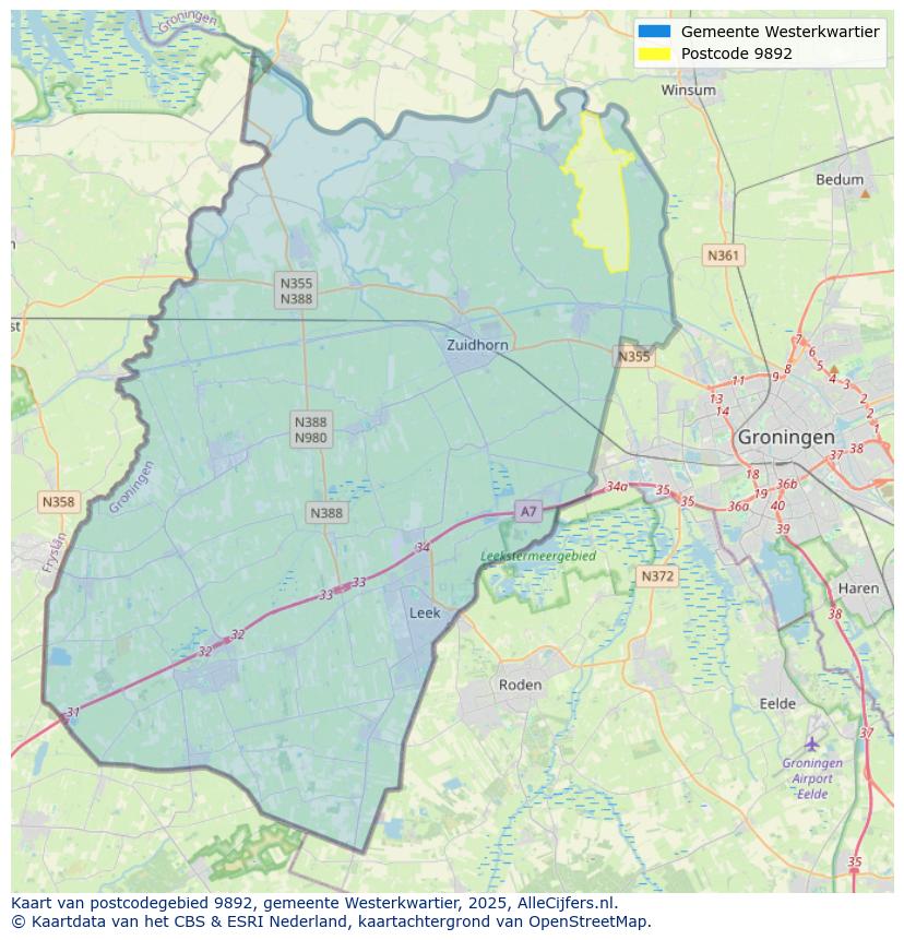 Afbeelding van het postcodegebied 9892 op de kaart.