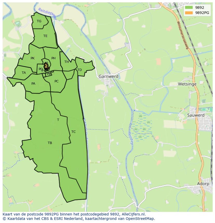 Afbeelding van het postcodegebied 9892 PG op de kaart.