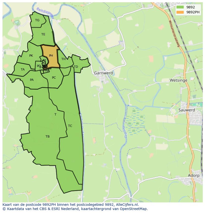 Afbeelding van het postcodegebied 9892 PH op de kaart.