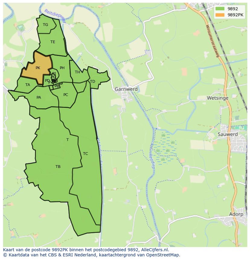 Afbeelding van het postcodegebied 9892 PK op de kaart.