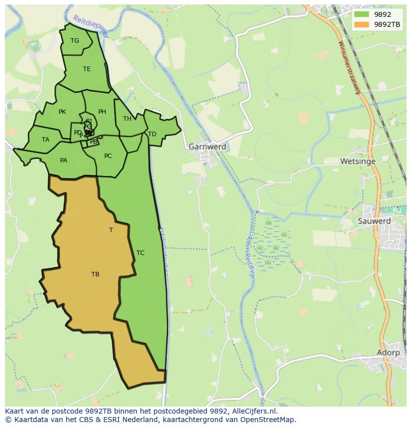 Afbeelding van het postcodegebied 9892 TB op de kaart.