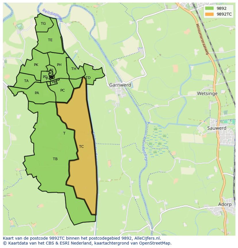 Afbeelding van het postcodegebied 9892 TC op de kaart.