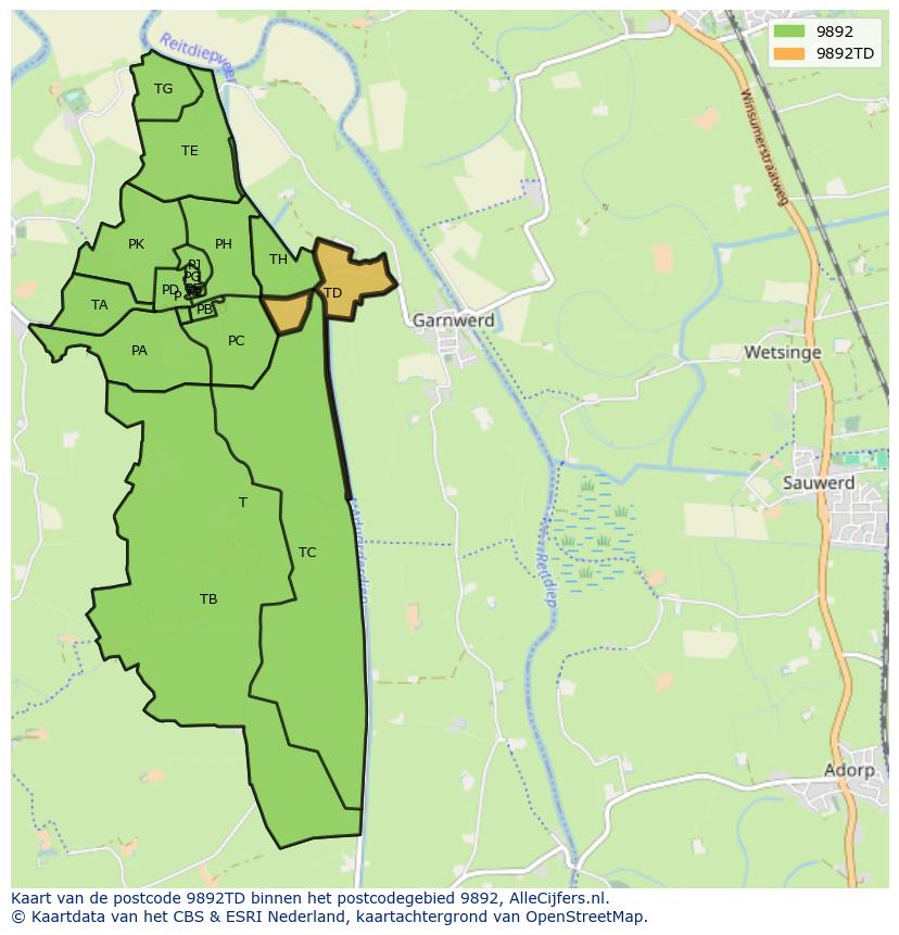 Afbeelding van het postcodegebied 9892 TD op de kaart.